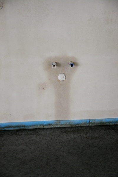 The humidity in the walls forms an alien face around the water pipes in the kitchen.