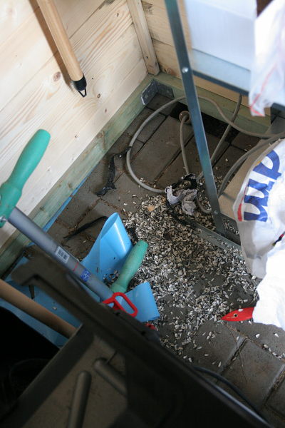 Corner of the garden shed with the electrical wiring. There's a hole in the gravel on the floor.