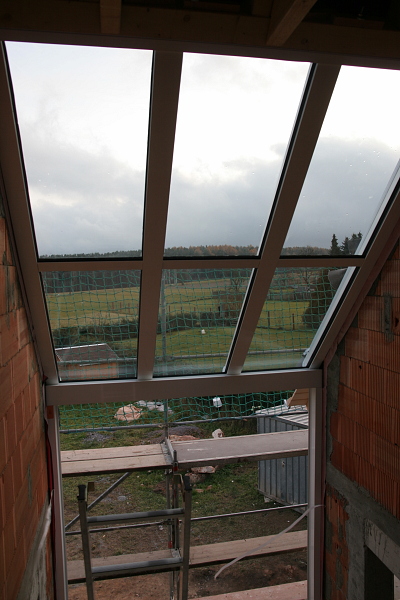 The three-part glass roof from the inside.